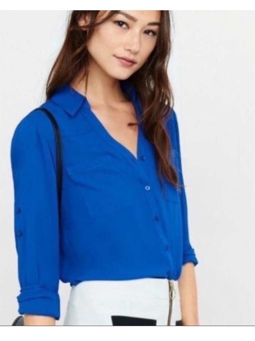 Express royal blue portofino button down long sleeve blouse